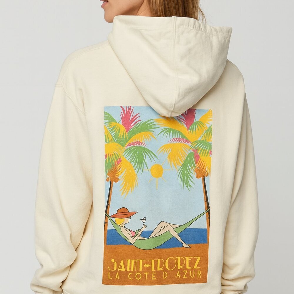 Rosa Cha St. Tropez Cream Graphic Boxy Sweatshirt Hoodie Size Medium